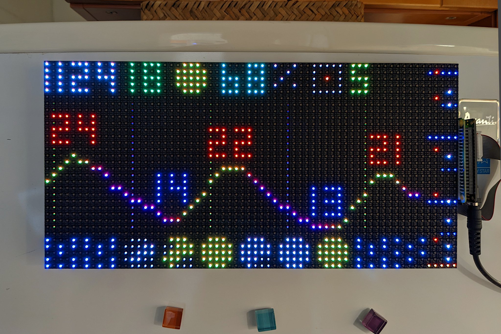 The LED matrix, attached to my fridge with magnetic screws. Raspberry Pi and “bonnet” board on the right edge.